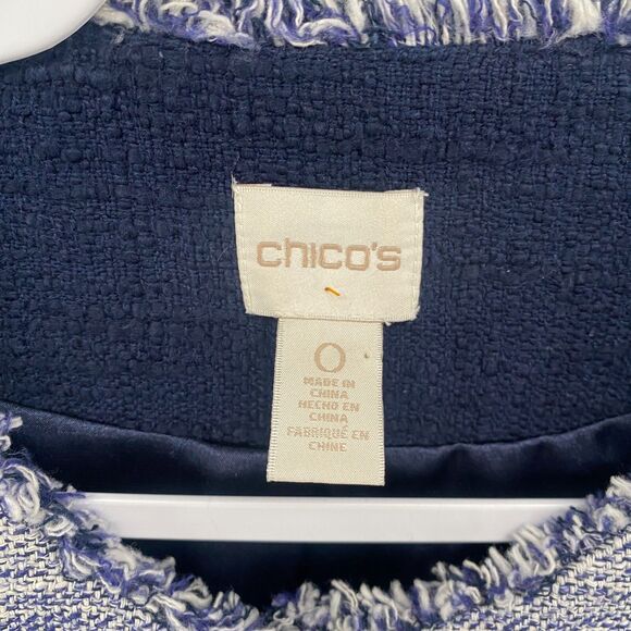 Chicos Jacket 0 Womens S Blue Tweed Snap On Fringe Long Career Ladies Preppy - Picture 6 of 11
